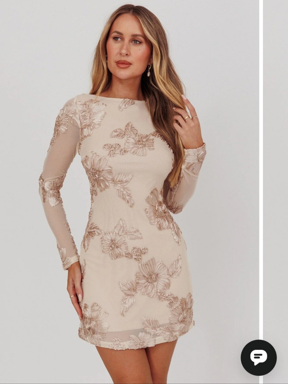 Elegant Long-Sleeve Beige Floral Sheath Dress